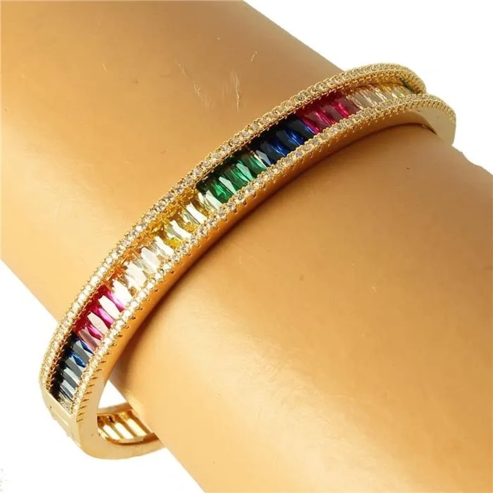 Rainbow sapphire CZ Pave Bangle statement Bracelet cuff gold, emerald Ruby pink